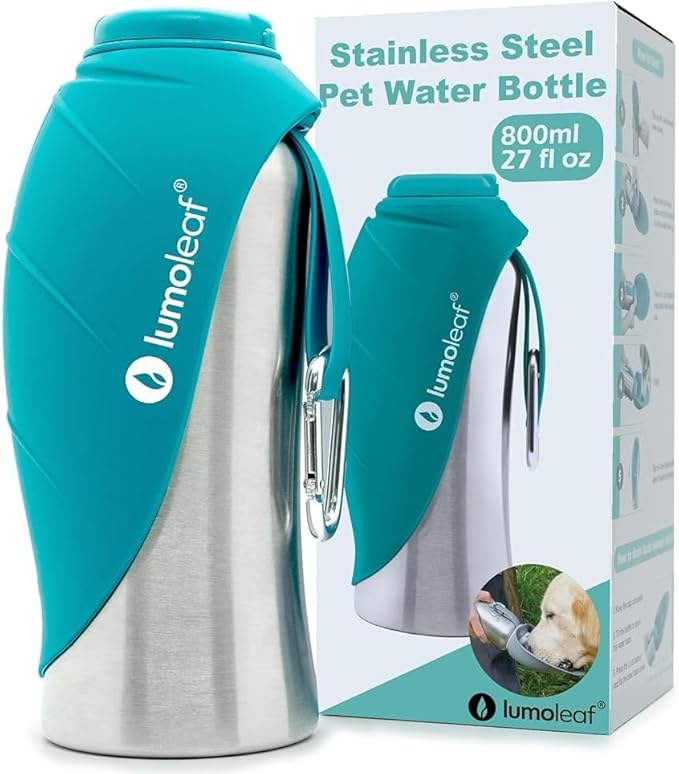 Stainless Steel Dog Travel Water Bottle — 27oz, Portable Bowl, Walking & Hiking (Blue)