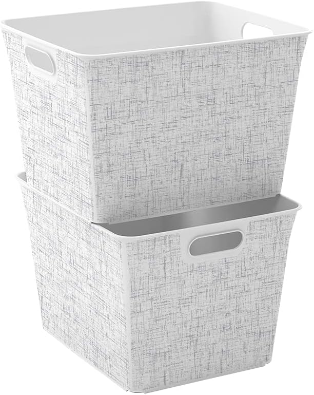 Curver Set of 4 Large V Baskets Decorative Plastic Organization and Storage Basket, White with Tweed Pattern
