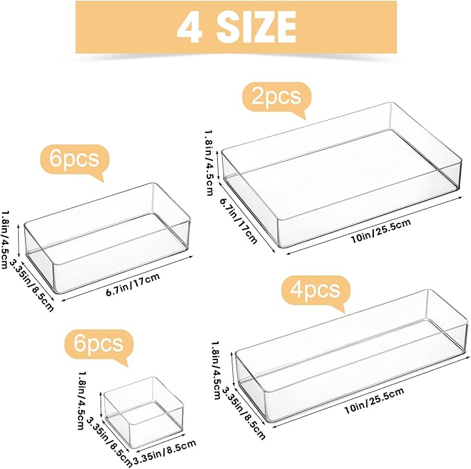 18 Pcs Drawer Organizer Stackable 4 Size Makeup Drawer Organizer Trays Acrylic Bathroom Vanity Storage Bins for Cosmetic, Jewelries, Office Supply, Kitchen Utensils(Clear,Glossy)