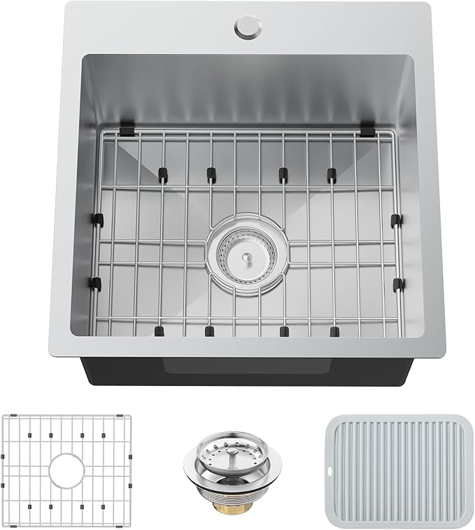Kitchen And Bar Sink, 18x18 Inch Stainless Steel Drop In Modern Single Bowl Small Kitchen And Bar Sink Combo-SS Grid,Silicon Mat,Drain Strainer Set Compatibility With Various Modern&Classic Style