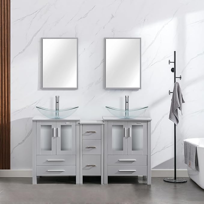 eclife 60" Modern Bathroom Vanity Sink Combo Freestanding Cabinet with Small Side Cabinet, Clear Boat Glass Vessel Sink, Water Save Faucet, Drain (Gray+A29TT)