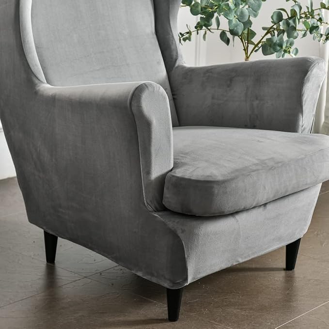 OBCREAT Wingback Chair Covers,2 Piece Stretch Velvet Wingback Chair Slipcover Soft Wing Chair Sofa Covers with Elastic Bottom,Armchair Couch Cover Furniture Protector for Living Room (Grey)