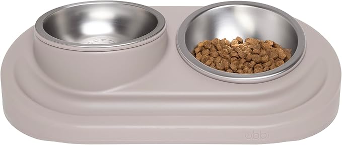 Ubbi Pet Feeding Bowls Set with Non-Slip Mat, Elevated & Flat Stainless Steel Dog or Cat Bowls, Ergonomic 15° Angled Feeder, Dishwasher Safe, Taupe