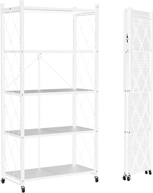 5-Tier Foldable Storage Shelf with Wheels | Metal Rack Collapsible Shelving Display | Rolling Cart for Books Kitchen Storage Shelves | Pantry & Closet Organizer | Office Room Decor