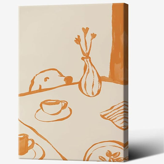 Cute Sneaky Dog Kitchen Poster Scandi Breakfast Coffee Canvas Wall Art Whimsical Abstract Animal Sketch Aesthetic Prints Painting For Living Room Kitchen Dining Room Wall Decor 12x16in Wrapped Canvas