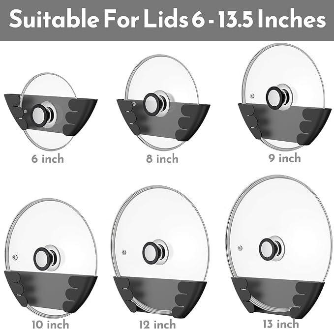 Universal Pot Lid Organizer for Cabinet - Upgraded Patented Niceyos 6 Pack Pan Lids Organizers Inside Door Wall Mount Pots Top Storage Rack Holder Kitchen, Fits 6" to 13" (Black)