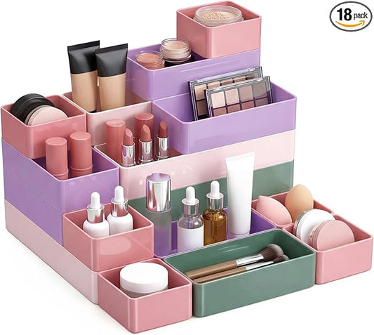 18 Pcs Drawer Organizer Stackable 4 Size Makeup Drawer Organizer Trays Acrylic Bathroom Vanity Storage Bins for Cosmetic, Jewelries, Office Supply, Kitchen Utensils(Multicolor,Glossy)