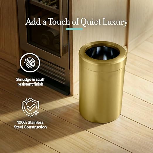 Gatco Small Bathroom Trash Can with Lid, Round 3 Gallon Stainless Steel Wastebasket, Under Sink, Brushed Brass, for Bathroom, Bedroom, Office (1910B)