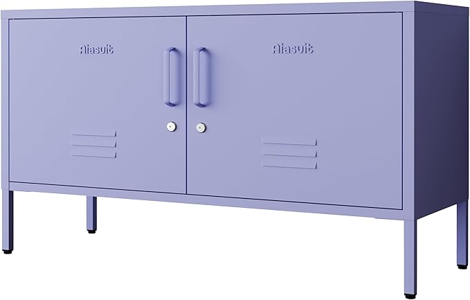 Purple Metal Storage Cabinet with Lock, 2-Door Wide Organizer, Adjustable Shelves, Multifunctional TV Stand & Entertainment Center for Bedroom, Living Room, 24" H x 39.4" W x 15" D