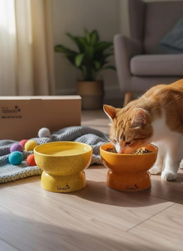 Ceramic Cat Bowls - Elevated cat Bowl, Anti-Vomiting, Whisker Friendly Raised Cat Bowl, Easy to Clean, Non-Slip, Suitable for Small Dogs - Pack of 2 (White-Beige, Orange-Yellow) (Yellow-Orange)