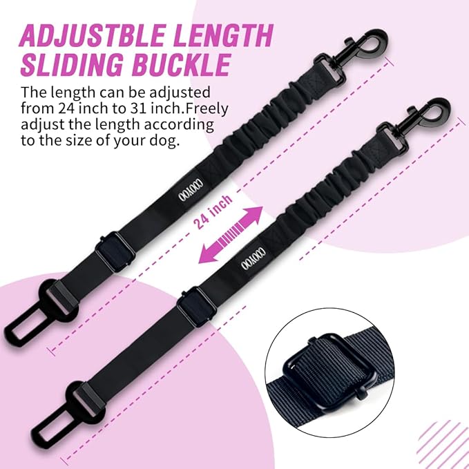 Dog Car Seat Belt Pink – Heavy Duty Adjustable Safety Harness with Elastic Bungee Buffer