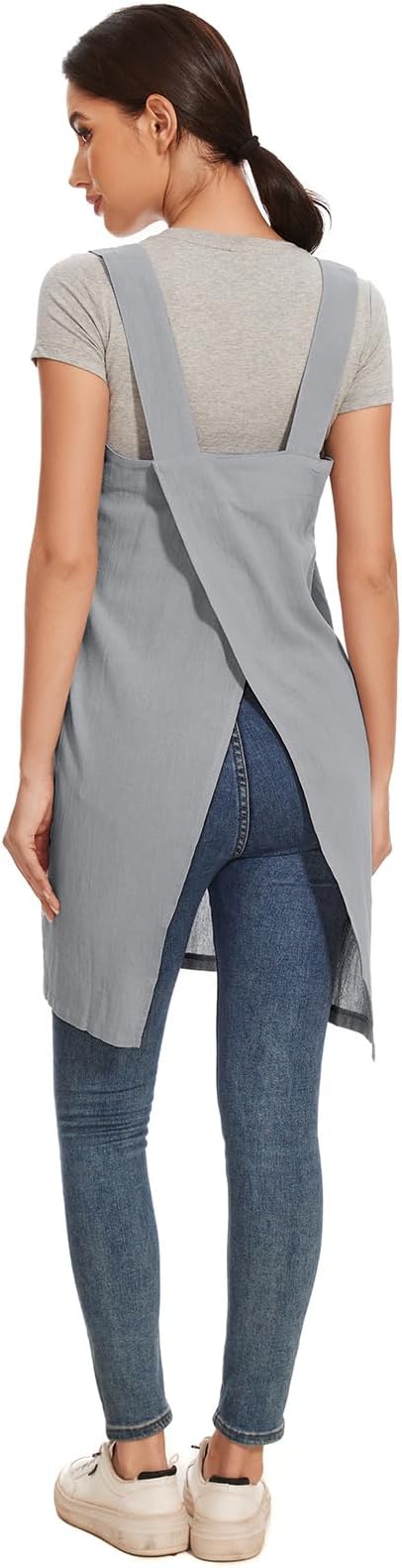 Women Apron with 2 Pockets Cotton Linen Kitchen Baking Cooking Chef Cross Back Pinafore Dress