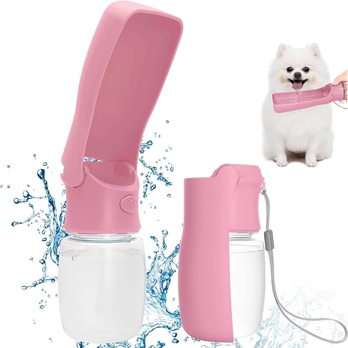 Dog Water Bottle Portable, Leak Proof Foldable Pet Water Dispenser for Dogs & Cats, 350ml (12oz) Dog Water Bowl Drink Cup Pet Summer Accessories for Outdoor Travel Walk Hinking (Pink)