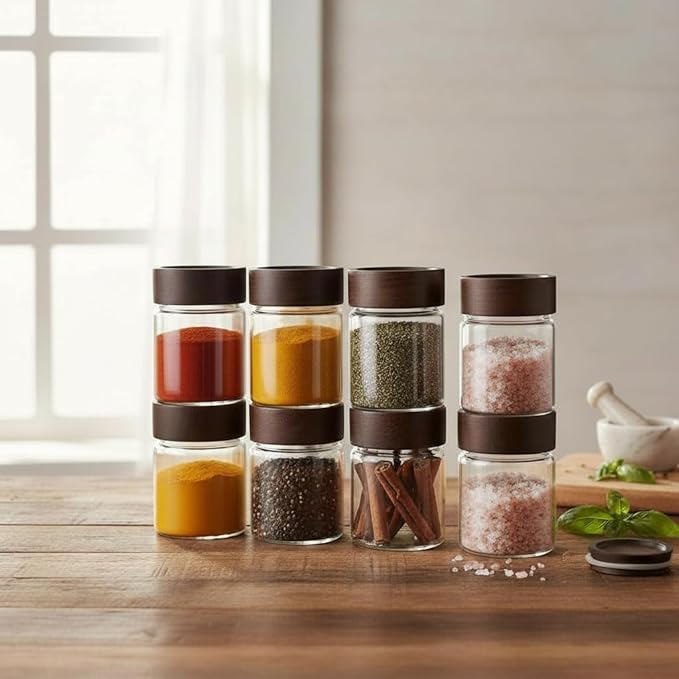 Wide Mouth Glass Storage Jars With 2.5" Acacia Wood Lids - 6 Pack of 6 Oz Food Storage Containers - Borosilicate Glass Canisters Sets For Kitchen - Pantry Organizers and Storage for Flour Rice Coffee