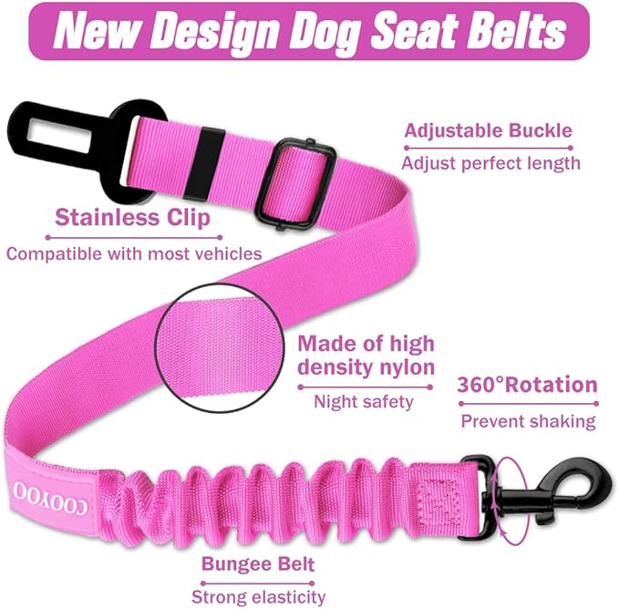 Dog Car Seat Belt Pink – Heavy Duty Adjustable Safety Harness with Elastic Bungee Buffer