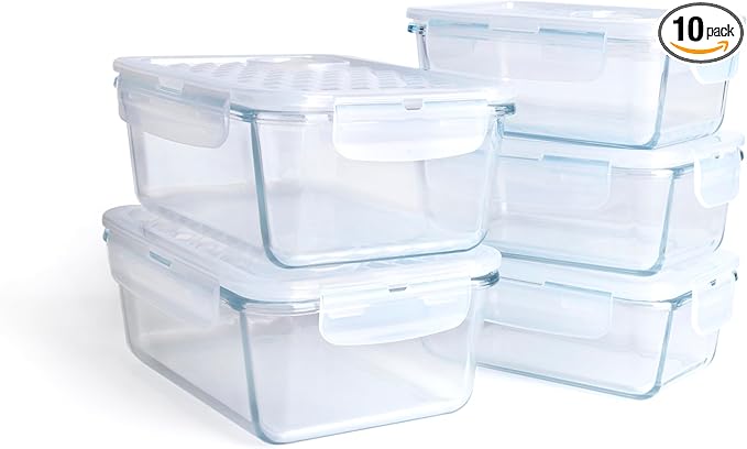 Borosilicate Tempered Glass Food Storage Containers with Lids, [5 Pack] Airtight Lunch Containers. Microwave, Oven, Freezer and Dishwasher Safe.