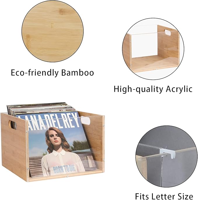 X-cosrack 3-Pack Vinyl Record Storage Box Crate, Visualize Acrylic & Bamboo Cube LP/Album Organizer Shelf Holder with Handle, Easy to Assemble