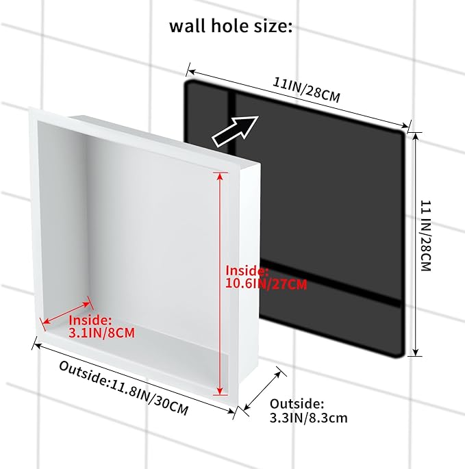 12"×12" Stainless Steel Shower Niche, Recessed Shower Caddy, Bathroom Shelf Insert Fits for 11"x11" Wall Hole Installation (Matte White)