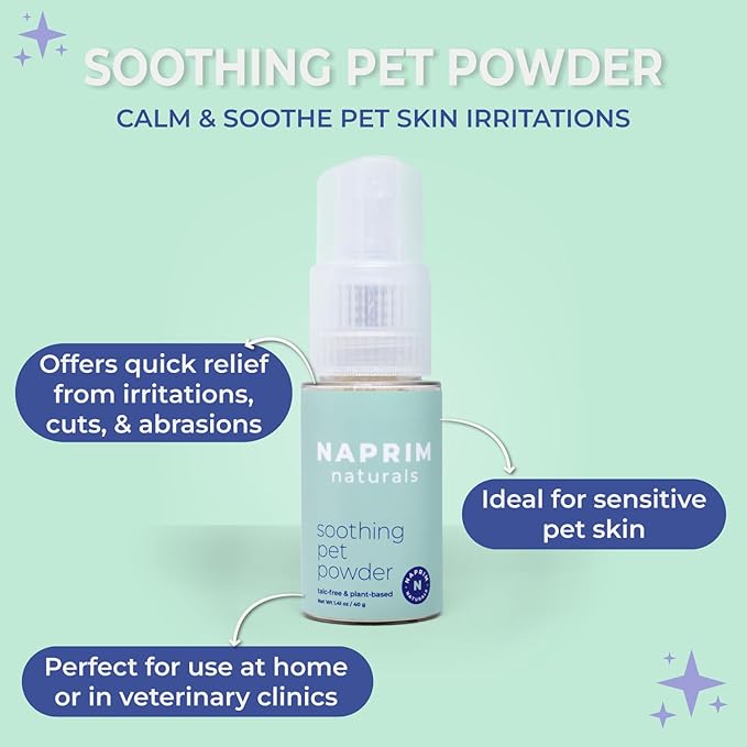 Naprim Naturals Soothing Pet Powder – Talc-Free Itch Relief for Dogs - Hot Spot Treatment, Dog Allergy Relief & Dry Shampoo for Dogs - Dog Paw Balm & Wound Care - First Aid for Sensitive Skin