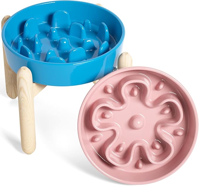 LE TAUCI Ceramic Slow Feeder Raised Dog Bowls with Wooden Stand, Puzzle Feeder, Elevated Dog Dishes to Slow Down Eating, 8 Inch Anti-Gulping Pet Feeding Dishes for Medium Dog