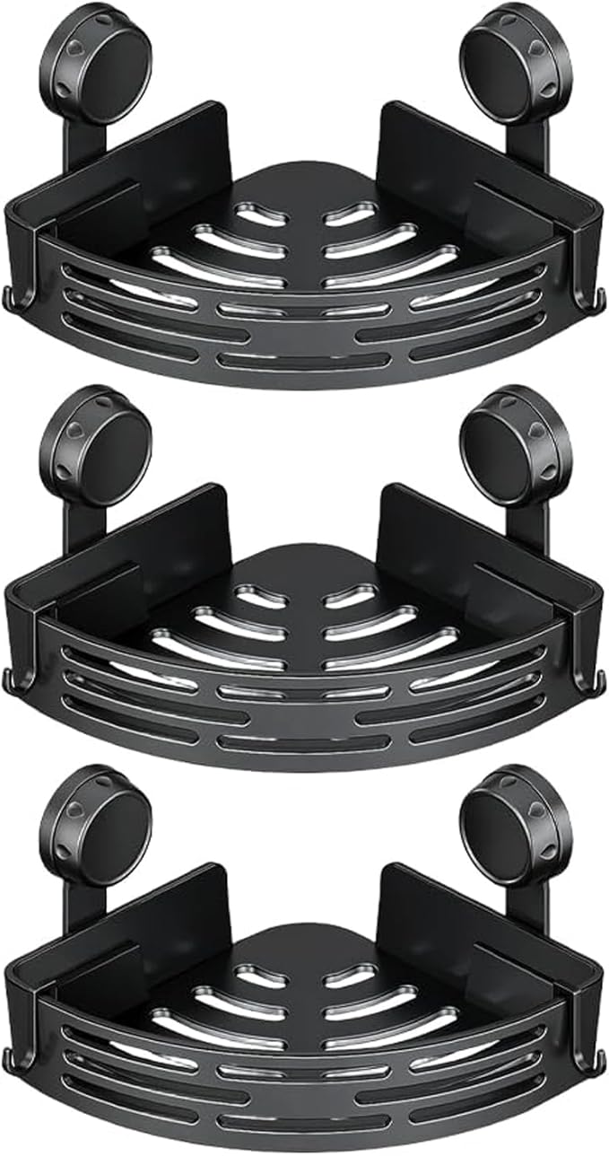 2026 New Corner Shower Shelf Suction Cup Shower Caddy, No Drilling Bathroom Storage Rack, Corners Organizer Storage Rack Adhesive with Towel Bar (Black three-layer)
