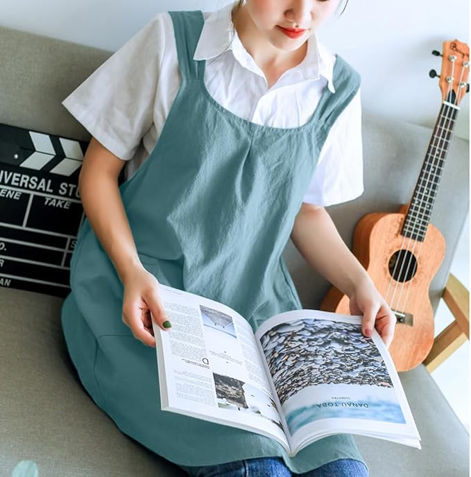 NEWGEM Japanese Linen Cross Back Cooking Aprons for Women Men with Pockets Cute for Baking Kitchen