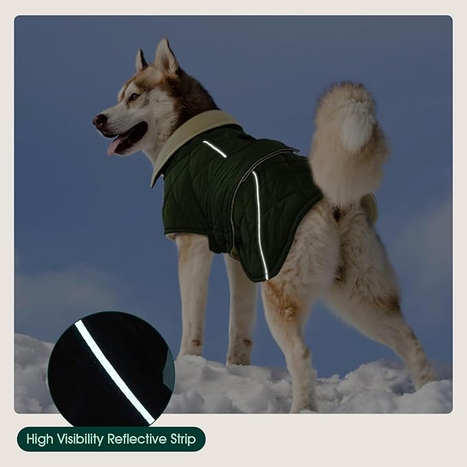 Kuoser Extra Warm Dog Coat, Windproof Cold Weather Dog Jackets for Large Dogs, Thick Fleece Lining Pet Turtleneck Snowsuit Reflective Adjustable Puppy Winter Coat Doggie Snow Jacket Green, XL