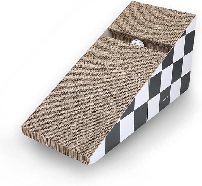 FluffyDream Cat Scratching Board with Ball, Triangle Cat Scratching Cardboard, Multiple Scratching Angles, 2-in-1 Scratching Lounge Bed, Recyclable and Durable, Furniture Protector, Black and White