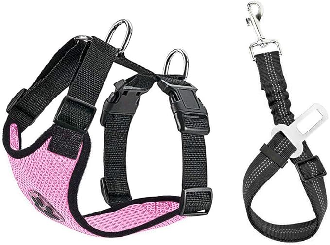 SlowTon Dog Seat Belt Harness for Car, Dog Car Harness Adjustable Mesh Breathable & Dog Seatbelt Safety Tether with Elastic Bungee for Small Medium Large Pets (Pink, Single Clip, XXS)