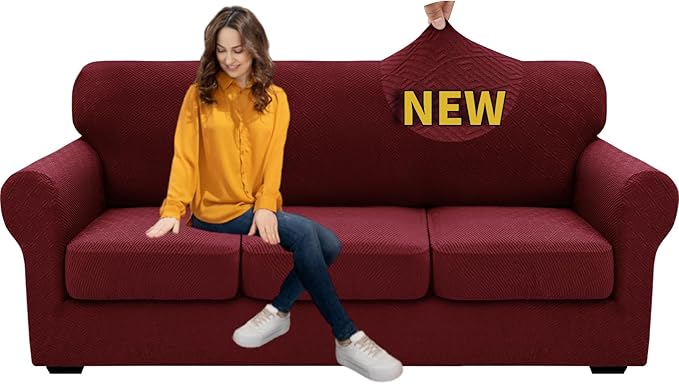 XINEAGE 2025 New 4 Pieces Couch Covers for 3 Cushion Couch Super Stretch Thick Soft Sofa Cover Anti Slip Sofa Slipcover Dogs Cats Furniture Protector (Wine Red, 71"-91")