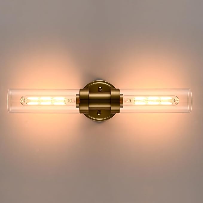 Modern Gold Wall Sconce with Clear Glass Shade 2-Light Bathroom Vanity Lights 20-Inch Brass Glass Wall Light Fixtures for Hallway Staircase Living Room