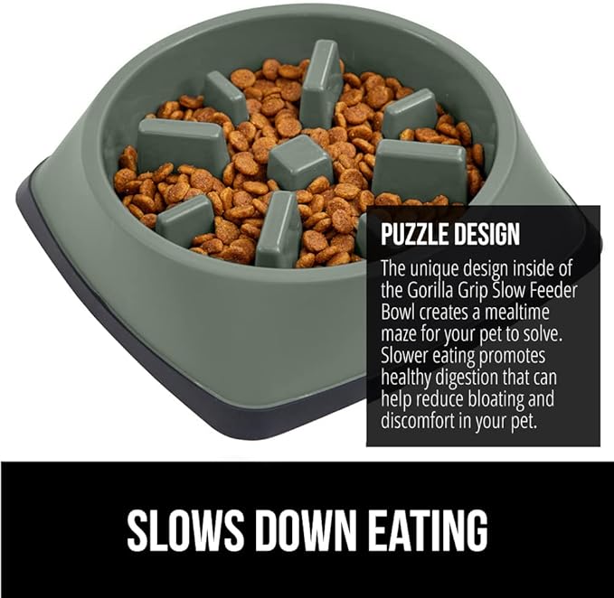 Gorilla Grip Slow Feeder Dog Bowl and Pet Feeding Mat, 4 Cups Dogs Pet Bowls Slip Resistant in Sage Color, Dog Food Mats Size 18.5x11.5 Waterproof Placemats in Hunter Green Color, 2 Item Bundle