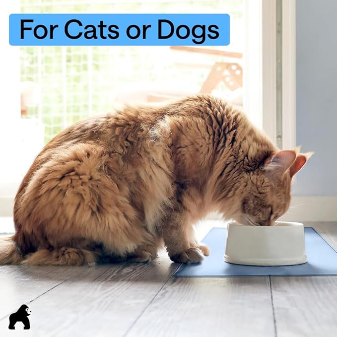 GORILLA GRIP 100% Waterproof Raised Edge BPA Free Silicone Pet Feeding Mat, Dog Cat Food Mats Contain Spills Protects Floors, Placemats for Cats and Dogs Water Bowl, Pets Accessories 18.5x11.5 Blue