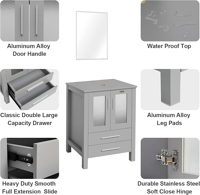 eclife 36" Modern Bathroom Vanity Sink Combo Freestanding Cabinet with Small Side Cabinet, White Shell Ceramic Vessel Sink, Water Save Faucet, Drain (Gray+T54)