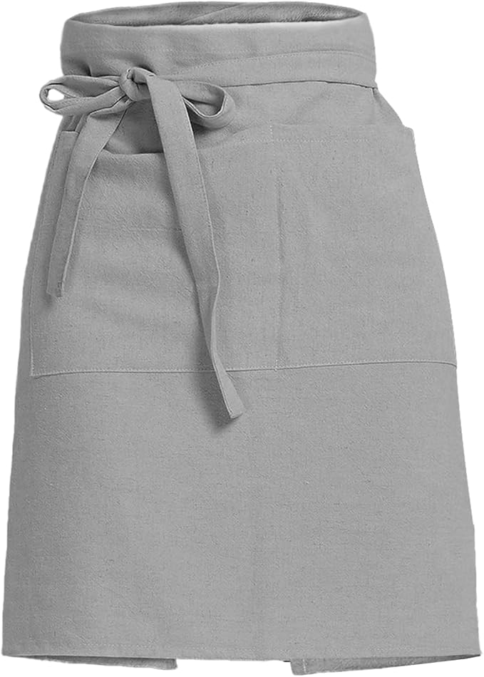 Cityelf Linen Server Apron Cotton Bistro Half Apron with Large Pockets Waist Kitchen Apron for Cooking Waitress