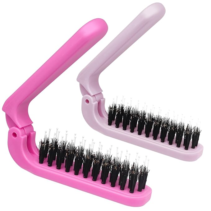 2 Pack Foldable Hair Brush Travel Hairbrush, Boar Bristle Hair Brush Portable Collapsible Pocket Comb for Women and Men, Suitable for Travel, Purse, Anti-Static Design (Hot Pink & Light Pink)