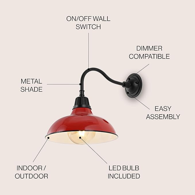 JONATHAN Y JYL7613E Aurora 12.25" 1-Light Farmhouse Industrial Indoor/Outdoor Iron LED Gooseneck Arm Outdoor Sconce Metal Bowl Shade Vintage Cottage Rustic Porch Patio Yard Barn, Red