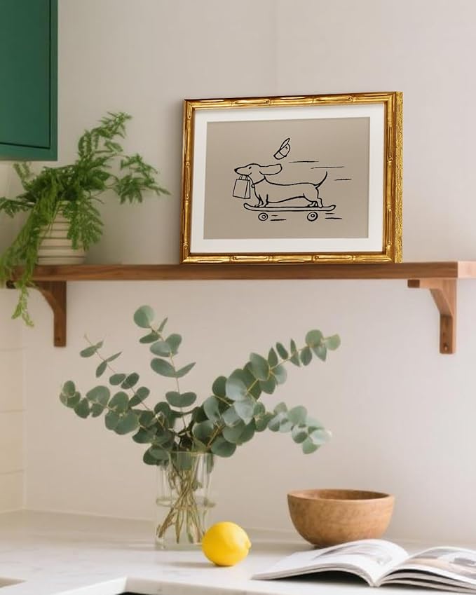 Cute Skateboarding Dog Gold Framed Canvas Wall Art 11x14, Modern Minimalist Courier Dachshund Line Drawing Animal Print, Playful Pet Artwork Living Room Bedroom Kids Room Office Gift Home Decor