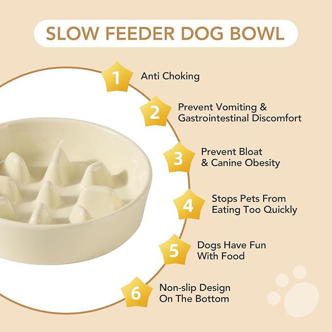 Ceramic 0.9 Cup Dog Bowl Slow Feeder, 6.1inch Slow Pet Food Dish for Small Dog and Cat, Stop Bloat, Preventing Choking(Single Bowl, Light Yellow)