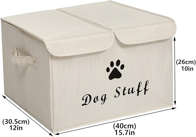 Geyecete Large Storage Boxes - Large Linen Fabric Foldable Storage Cubes Bin Box Containers with Lid and Handles for Dog Apparel & Accessories, Dog Toys(BambooiBeige)