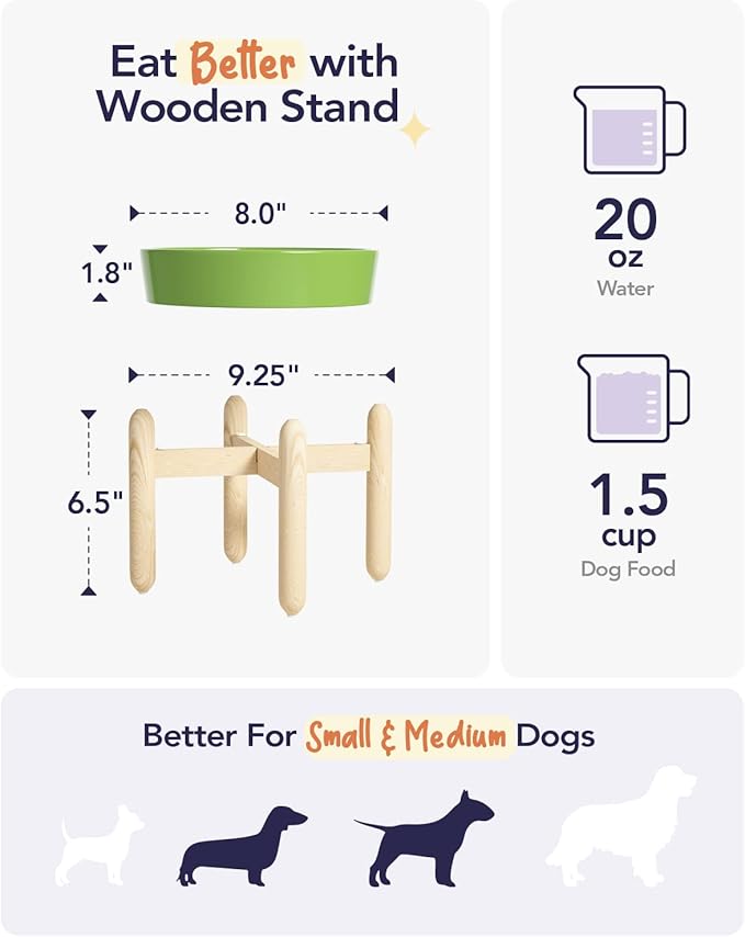 LE TAUCI Ceramic Slow Feeder Raised Dog Bowls with Wooden Stand, Puzzle Feeder, Elevated Dog Dishes to Slow Down Eating, 8 Inch Anti-Gulping Pet Feeding Dishes for Medium Dog