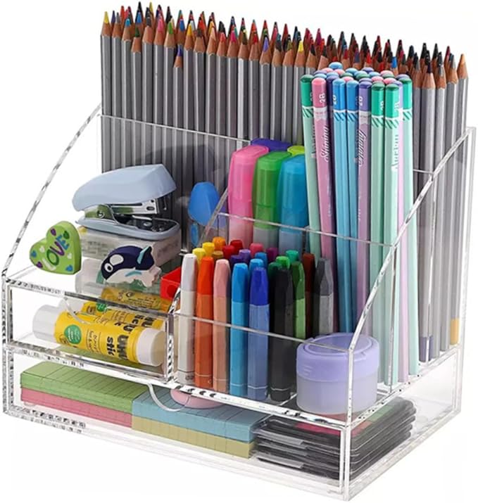 Acrylic Desktop Organizer with Multi-compartment Storage Box for Stationery Makeup Holder for Home Office and Vanity Use
