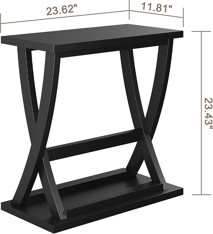 ChooChoo Black End Table, Narrow Side Table with Storage Shelf, Modern X-Design Slim Bedside Tables for Living Room, Bedroom, Small Spaces