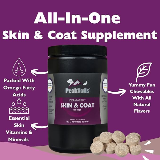 Kala Health PeakTails Skin & Coat Support for Dogs – 150 Chewable Tablets with MSM, Fish Oil, Omega-3 & Omega-6 – Supports Healthy Skin, Shiny Coat