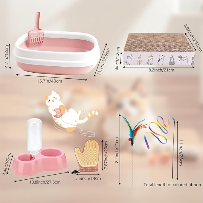 Kitten Starter Kit - 16 Pcs Cat Essentials Set Includes Litter Box, Toys, Collars, Scratch Pad, Nail File, Automatic Feed Bowls, Grooming Gloves (Pink, 16 Pcs)