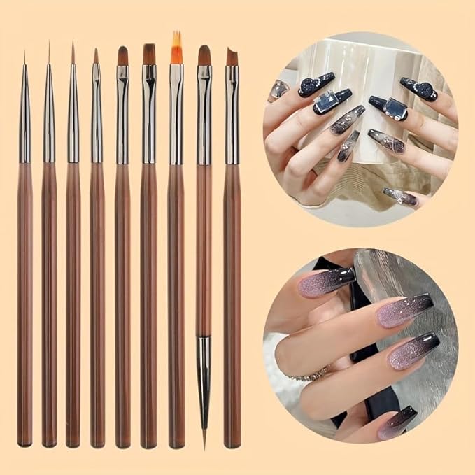 9Pcs Multi-Functional Nail Art Brush Set, Professional Brushes for Gel Polish, French Tip, Ombre, Liner & Clean Up, Manicure Tools for DIY & Salon Nail Design Tools-Brown
