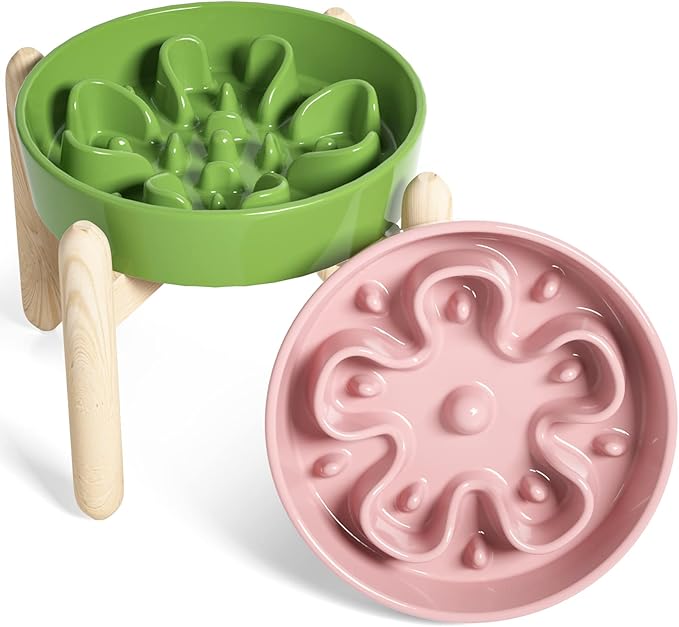 LE TAUCI Ceramic Slow Feeder Raised Dog Bowls with Wooden Stand, Puzzle Feeder, Elevated Dog Dishes to Slow Down Eating, 8 Inch Anti-Gulping Pet Feeding Dishes for Medium Dog