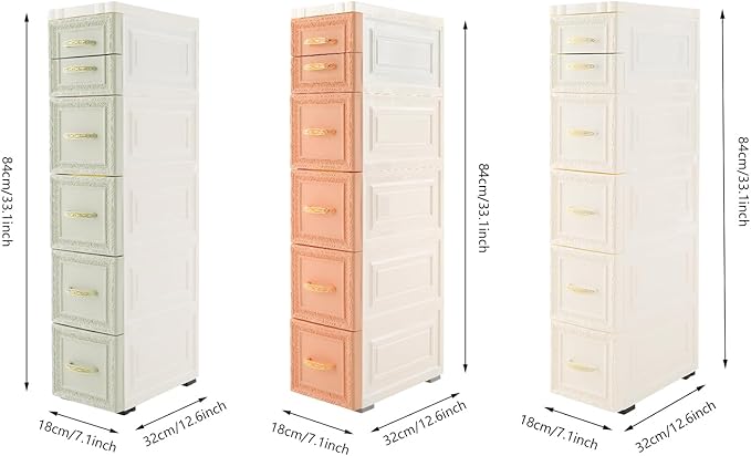 5-Tier Plastic Drawers Storage Dresser, 33"H Narrow Slim Storage Organizer Vertical Drawer Unit, Rolling Thin Storage Tower with Wheels for Small Spaces Gaps Home Furniture (White)