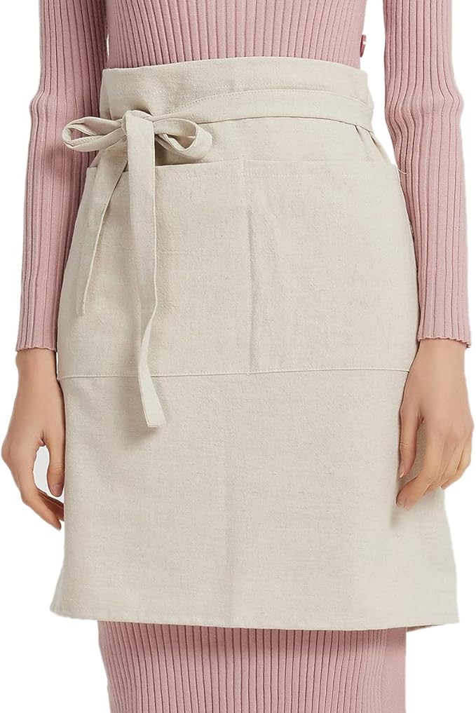 Cityelf Linen Server Apron Cotton Bistro Half Apron with Large Pockets Waist Kitchen Apron for Cooking Waitress