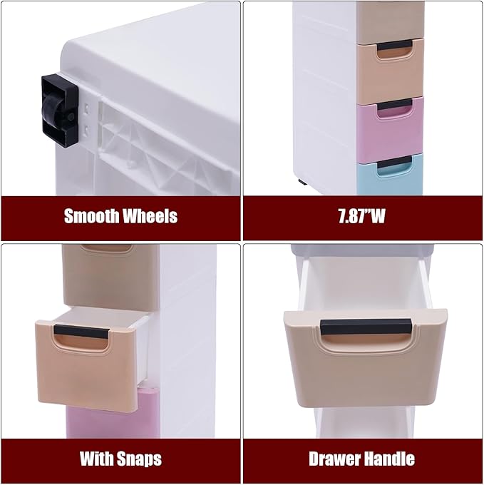 5 Drawers Slim Storage Cabinet,Rolling Narrow Cabinet with Drawer and Wheel,Multifunctional Floor Cabinet for Small Spaces Bathroom Kitchen Bedroom Living Room